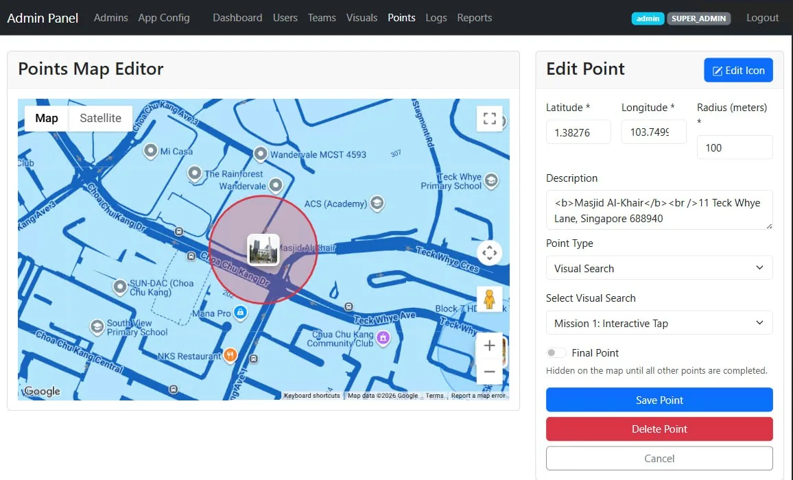 Route editor with a map, checkpoint radius and a list of all stops