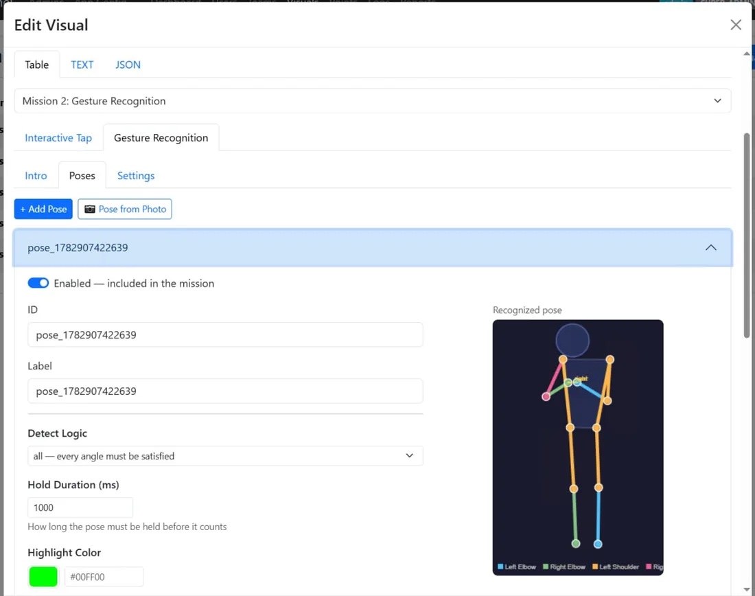 Pose editor showing a recognised skeleton and hold duration