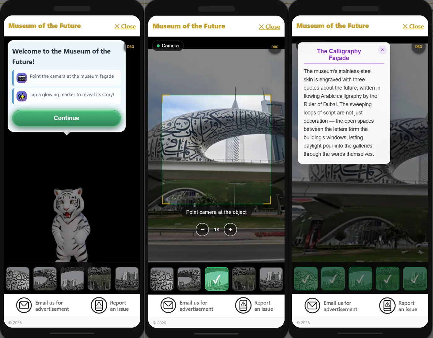 Recognition mission: instructions, camera view and the landmark story